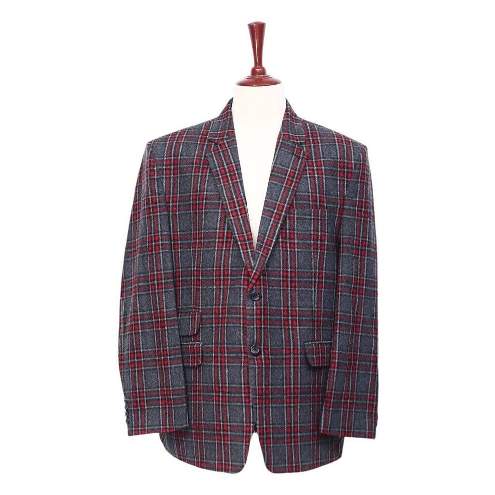 Mens Blazer Plaid Gray Red Wool Lined Formal Party Jacket Wedding Sport Coat 48R